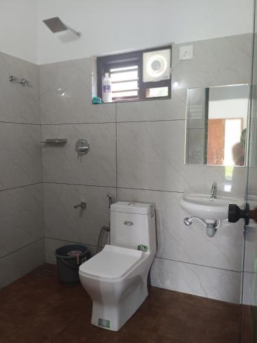 a bathroom with a white toilet and a sink at Ithal Villa - Home Stay in Wayanad