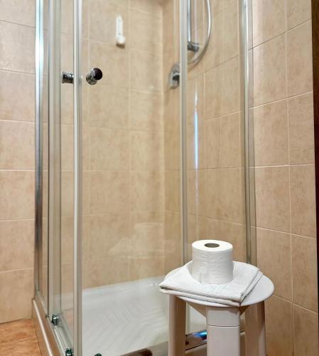 a shower with a roll of toilet paper on a stool at Villaggio Hotel Lido San Giuseppe in Briatico