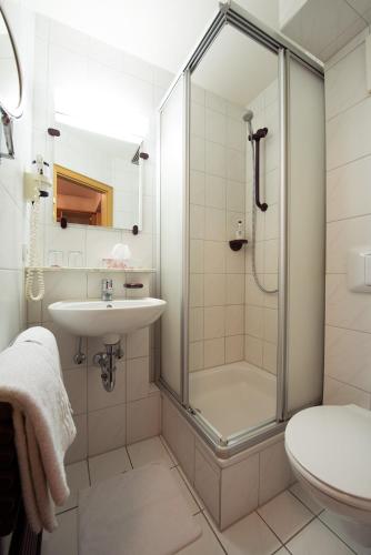 ein Badezimmer mit Dusche, Waschbecken und Toilette in der Unterkunft Hotel Hasenmayer in Pforzheim