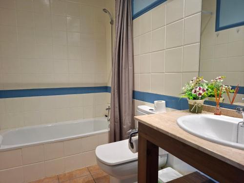 a bathroom with a toilet and a sink and a tub at Hotel Al Riu in Bagá