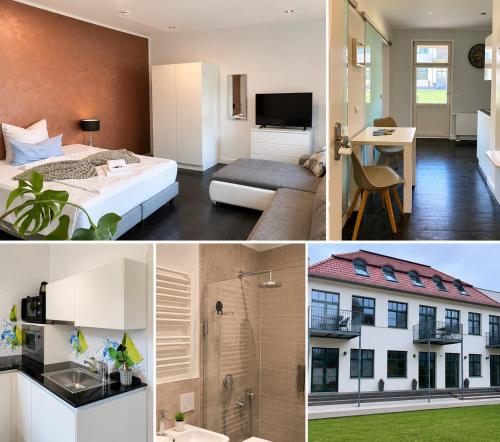 a hotel room with a bed and a building at Villa Georgi in Leipzig