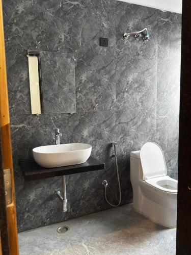 a bathroom with a sink and a toilet at Bhagwati Hotel And Rooms in Udaipur