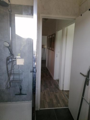 a bathroom with a walk in shower next to a hallway at Chambre dans colocation à Lormont proche Bordeaux in Lormont