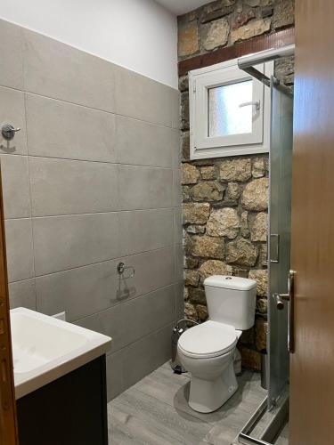 a bathroom with a toilet and a sink and a window at Villa Lochia - Το Πέτρινο του Θωμά in Rámia
