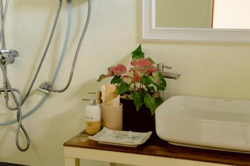 a bathroom with a sink and a plant on a counter at พอยื้อใจ doichang in Ban Huai Khai