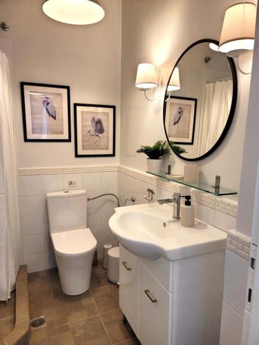 a bathroom with a sink and a toilet and a mirror at PHILIPPOS 2 in Diaporos