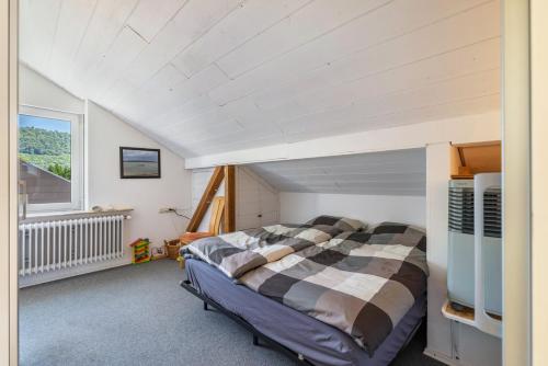 a bedroom with a bed in a attic at Panoramablick Loft & Aktiv-Urlaub in Lichtenstein