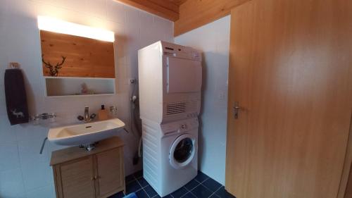 a bathroom with a washing machine and a sink at Chalet Regenbogen Familienapartment mit Indoor-Rutschbahn & Spieloase an der Fussgängerzone in Leukerbad