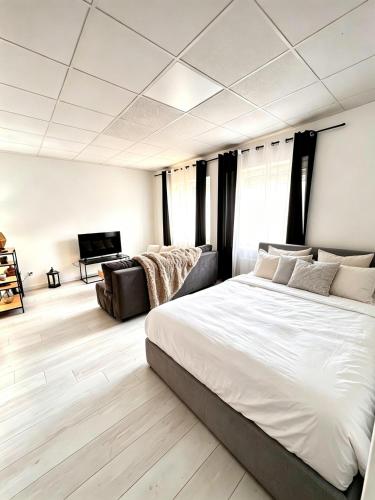a bedroom with a large bed and a television at Nowoczesny Apartament Prudnik in Prudnik