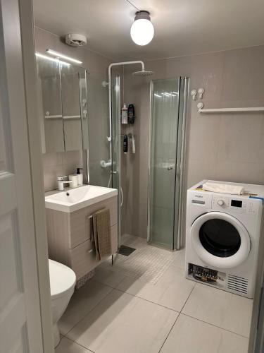 a bathroom with a toilet sink and a washing machine at Cozy apartment in Tananger close to the Airport in Tananger