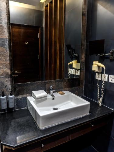 a bathroom with a white sink and a mirror at Hotel Icon in Chandīgarh