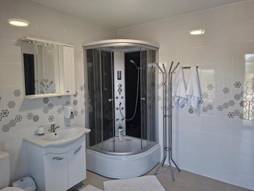 a bathroom with a shower and a sink at Pensiunea Turist in Techirghiol