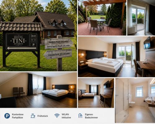 a collage of four pictures of a hotel room at Hotel Tini in Bad Fallingbostel