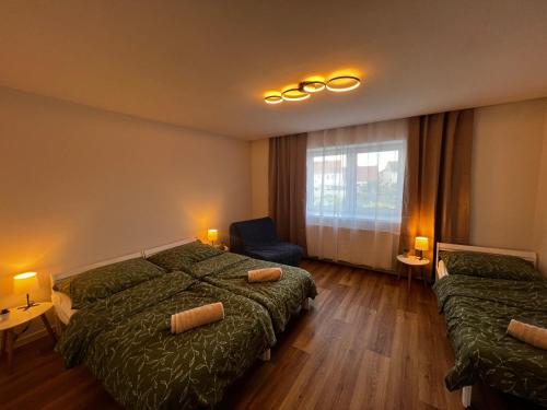 a hotel room with a bed and a couch and a window at Chalupa Veselí in Veselí nad Moravou