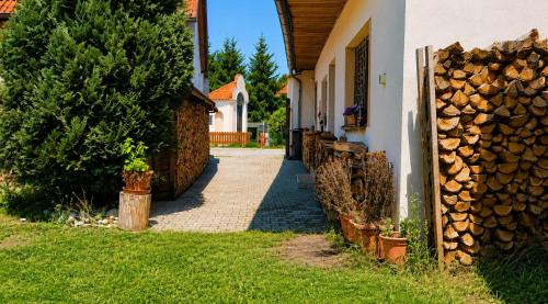 a path next to a house with a pile of fire wood at Chaloupka v srdci památkové zóny in Putím