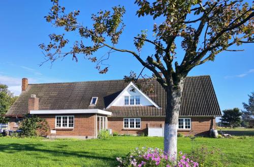 a brick house with a tree in the yard at HyggeHome Strandelhjørn in Vojens