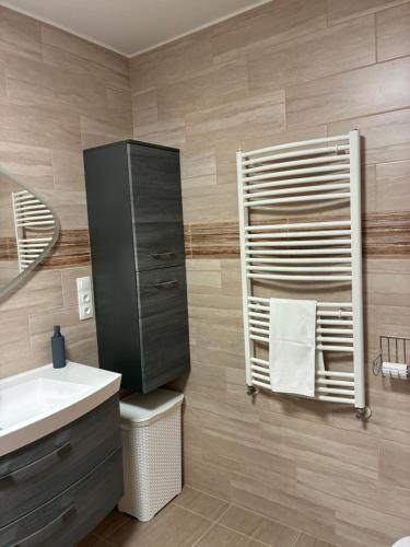 a bathroom with a sink and a mirror at Vadviraghaz in Palkonya