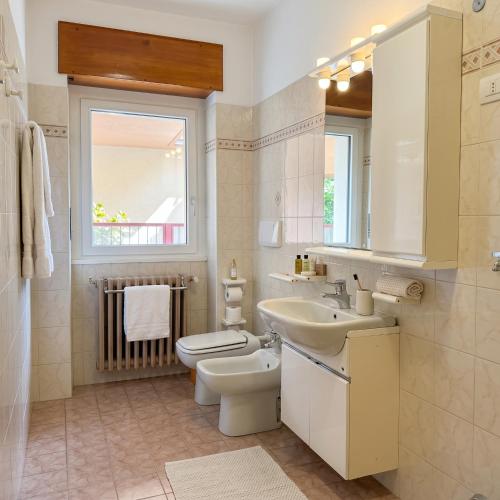 a bathroom with a sink and a toilet and a window at La Terrazza di Gino in Grosio