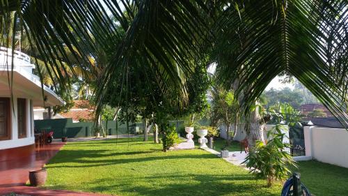 a green yard with palm trees on a house at Ahangama Eco Villa in Ahangama