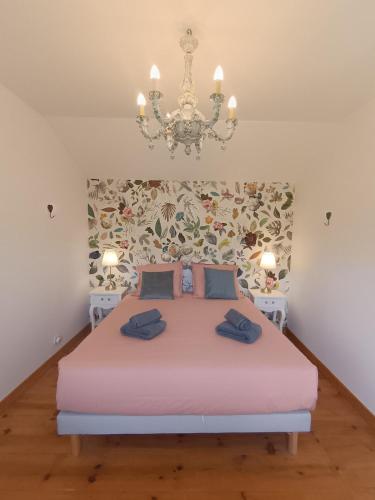 a bedroom with a large pink bed with a chandelier at Le Cottage in Marçon