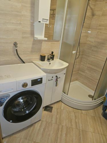 a bathroom with a washing machine and a sink at Wonder home in Sutomore