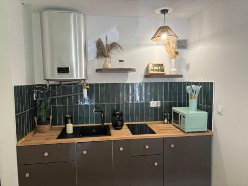 a kitchen counter with a sink and a microwave at Appartement proche Université Arras, parking gratuit et privé in Arras