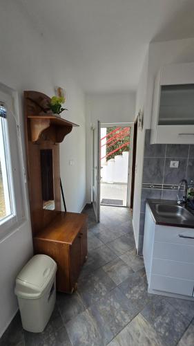 a kitchen with a toilet and a sink and a counter at Xigga apartments in Donji Stoliv