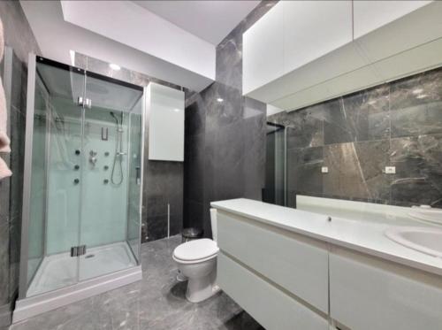 a bathroom with a toilet and a shower and a sink at Rania Penthouse 2 in Şelimbăr
