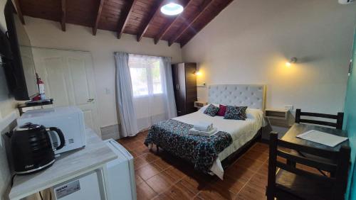 a bedroom with a bed and a desk with a microwave at Estacion Potrero Cabañas y Habitaciones in Potrero de los Funes