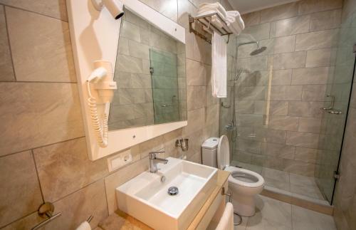 a bathroom with a sink and a toilet and a mirror at Hotel Montana in Sarpi