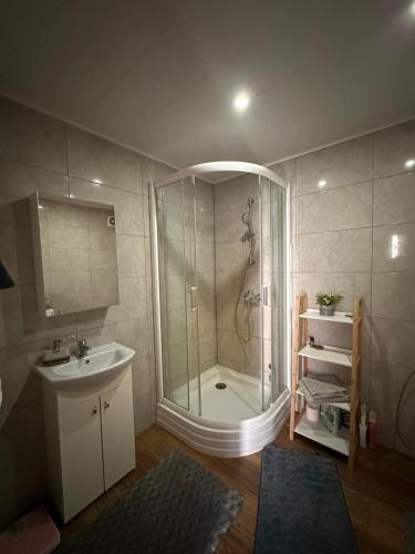 a bathroom with a shower and a sink at Sodyba Miegėnuose in Miegėnai