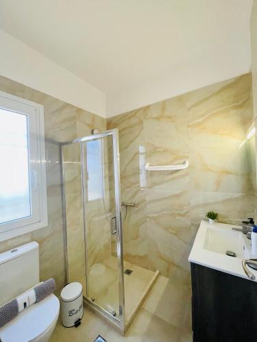 a bathroom with a shower and a toilet and a sink at Stella Collection in Kranidi