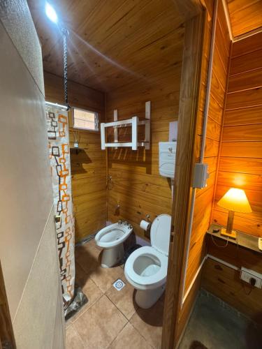 a small bathroom with a toilet and a sink at Cabañas las fulanas in Villa Giardino