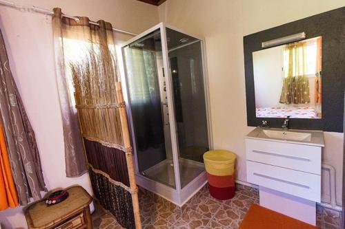 a bathroom with a shower and a sink at Ambalabaa in Saint-Philippe
