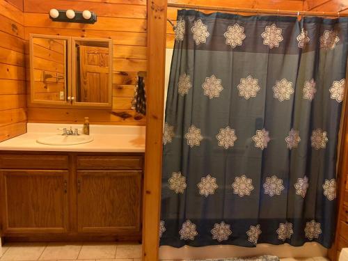 a bathroom with a shower curtain and a sink at Private with a Beautiful View House in Afton