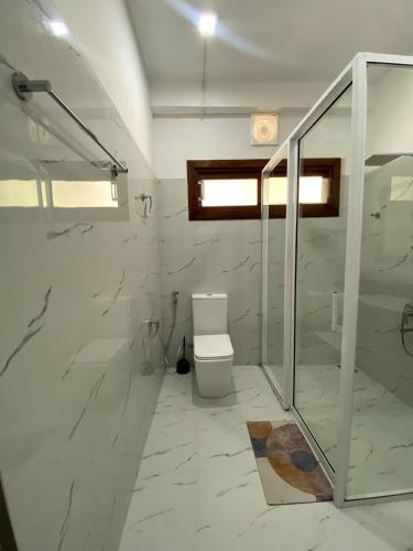 a bathroom with a toilet and a glass shower at Ameliora Ella in Ella