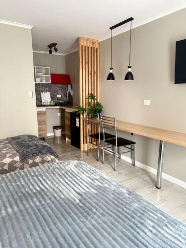 a bedroom with a bed and a desk and a kitchen at Punta Luna in La Serena