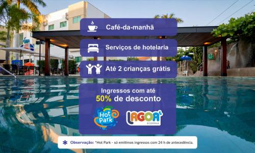 a sign next to a swimming pool at a resort at Hotel Morada do Sol in Caldas Novas