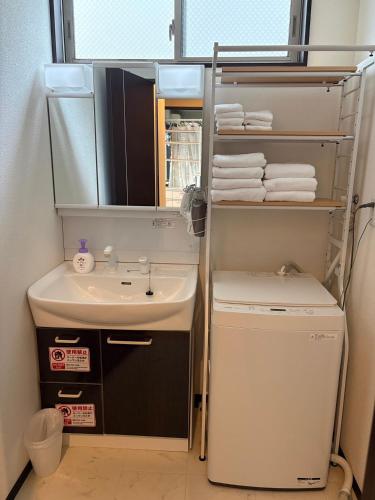 a small bathroom with a sink and a mirror at Outdoor Station 秋谷 in Yokosuka