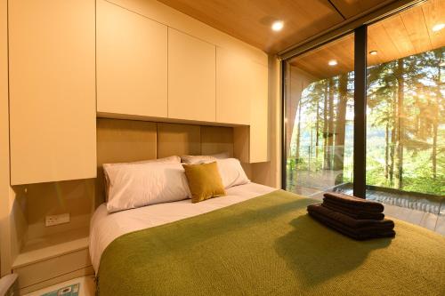 a bedroom with a bed with a large window at Forest Lodges in Betws-y-coed