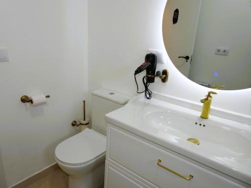 a bathroom with a sink and a mirror and a toilet at Casa Rural Isabel y Luis in Chiloeches