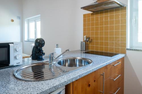 a kitchen with a sink and a microwave at Quinta da Barradinha in Odemira
