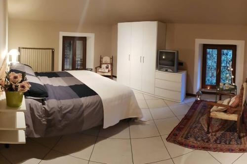 a bedroom with a large bed and a tv at Ca di Biella, mansarda di charme. in Biella