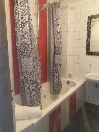 a bathroom with a bath tub and a sink at Le Grand 27 in Guebwiller