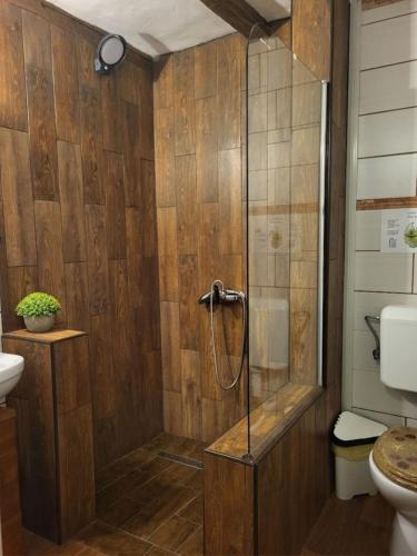 a shower with a glass door in a bathroom at BODZA Apartment in Tompa