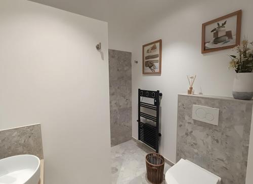 a bathroom with a black and white stove in a room at La Barjuline - Île d'Oléron in La Brée-les-Bains