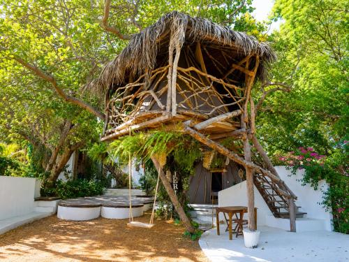a small hut with a ladder in a yard at Treehouse Kitecamp Jericoacoara in Jericoacoara