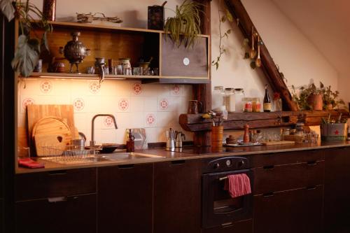 a kitchen with a sink and a stove top oven at Das Nest Budapest in Budapest