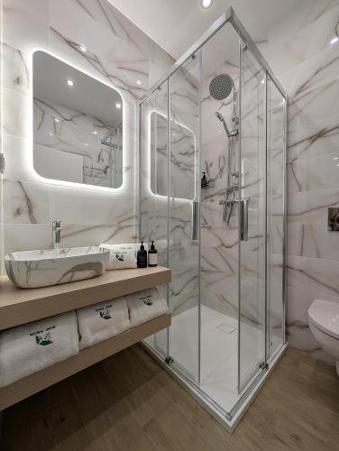 a bathroom with a shower and a sink and a toilet at Apartmány penzion Jasmín in Liberec