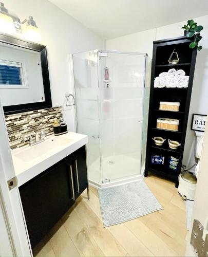 a bathroom with a shower and a sink at Separate guest suite in Lower Sackville